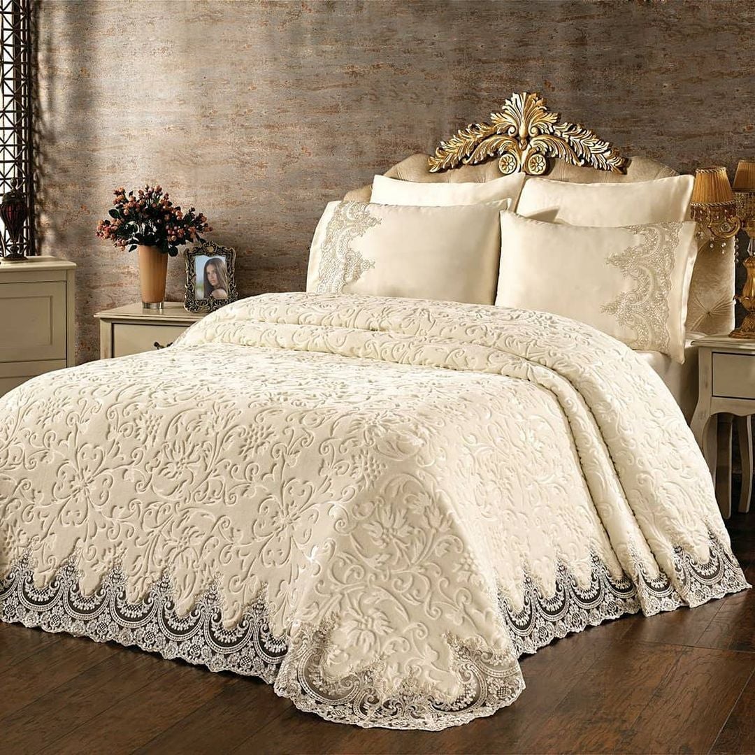 Set Cuvertură de lux Matlasată cu dantelă Elegantă, 6 piese, pat 2 persoane, CL103