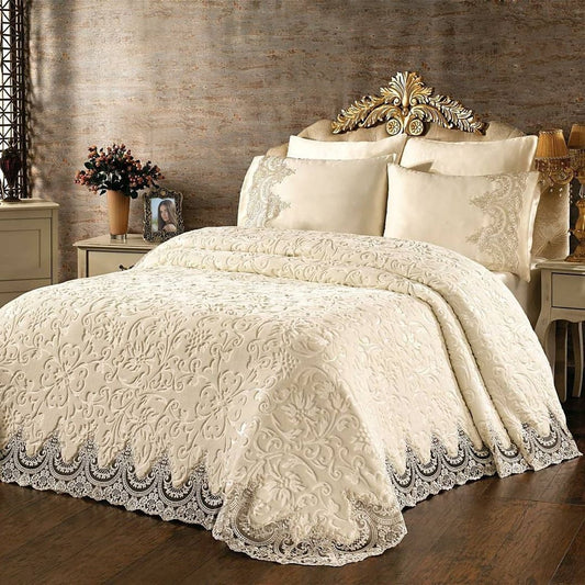 Set Cuvertură de lux Matlasată cu dantelă Elegantă, 6 piese, pat 2 persoane, CL103