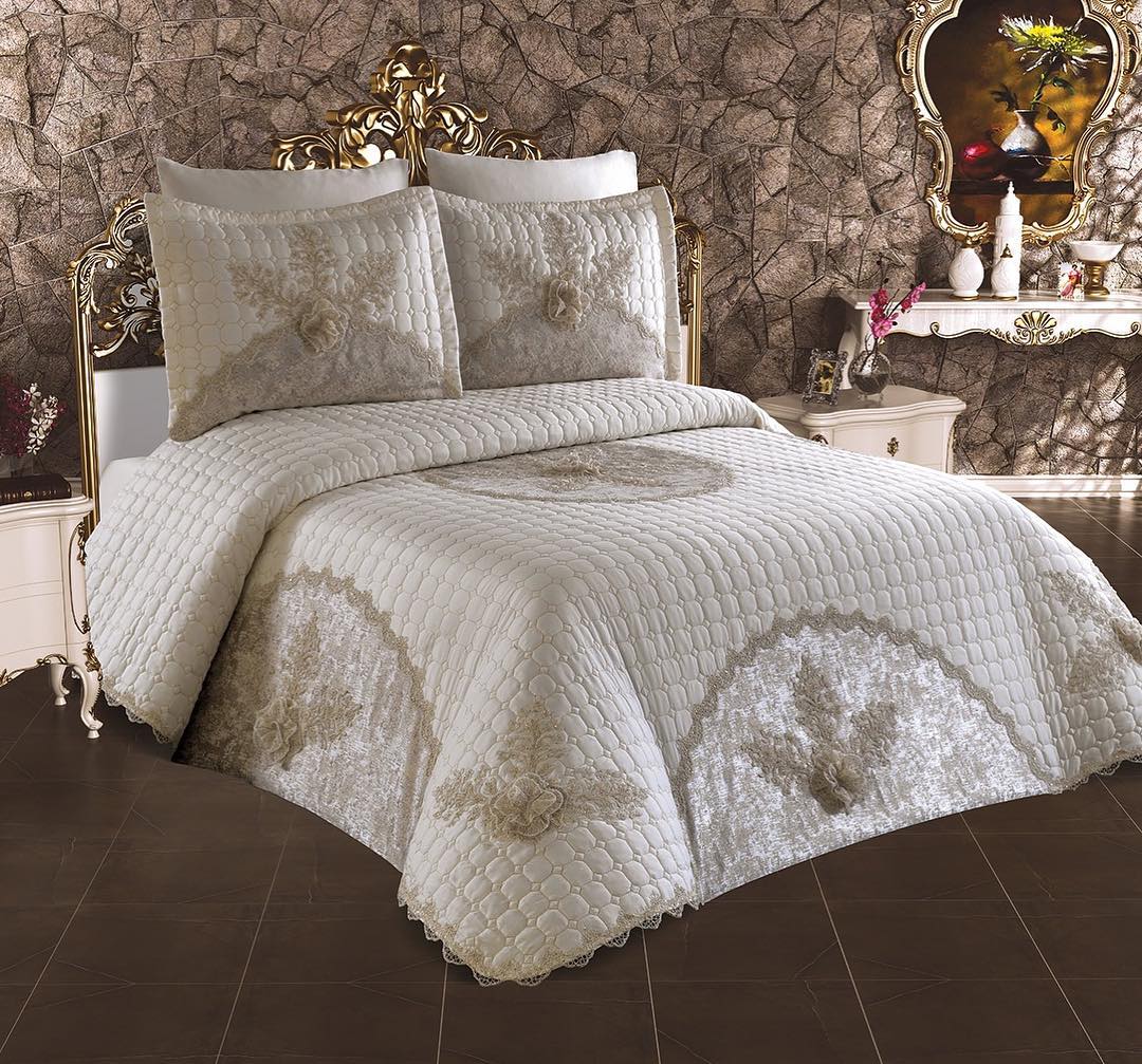 Set Cuvertura de Lux Orkide cu Broderie Elegant, 3 Piese, Pat 2 Persoane, TR001