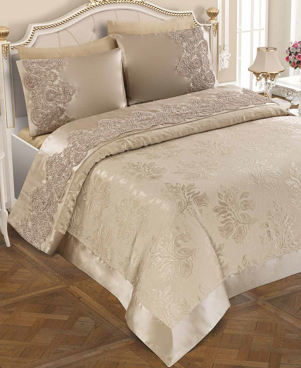 Set Cuvertură Pique de Lux Satinata cu broderie elegantă, 6 piese, pat 2 persoane, CPL05