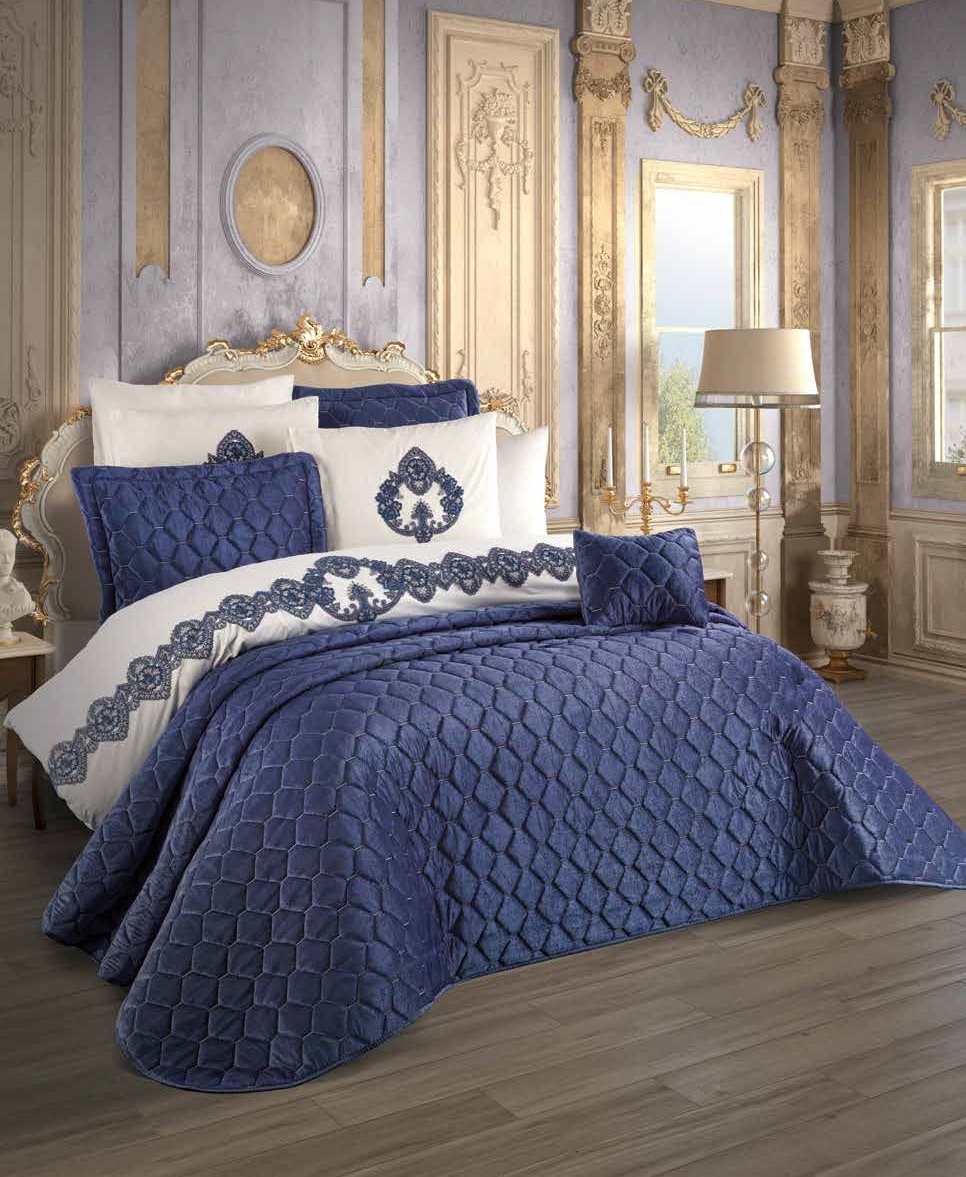 Set Lenjerie Royal cu motive elegante + Cuvertura de catifea  , 10 Piese, Pat 2 Persoane, Albastru