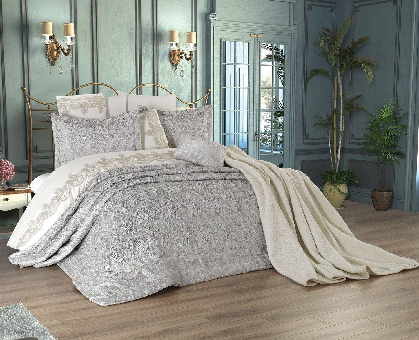 Set Lenjerie Royal + Cuvertura Jacquard de Lux + patura matlasată , 11 Piese, Pat 2 Persoane,